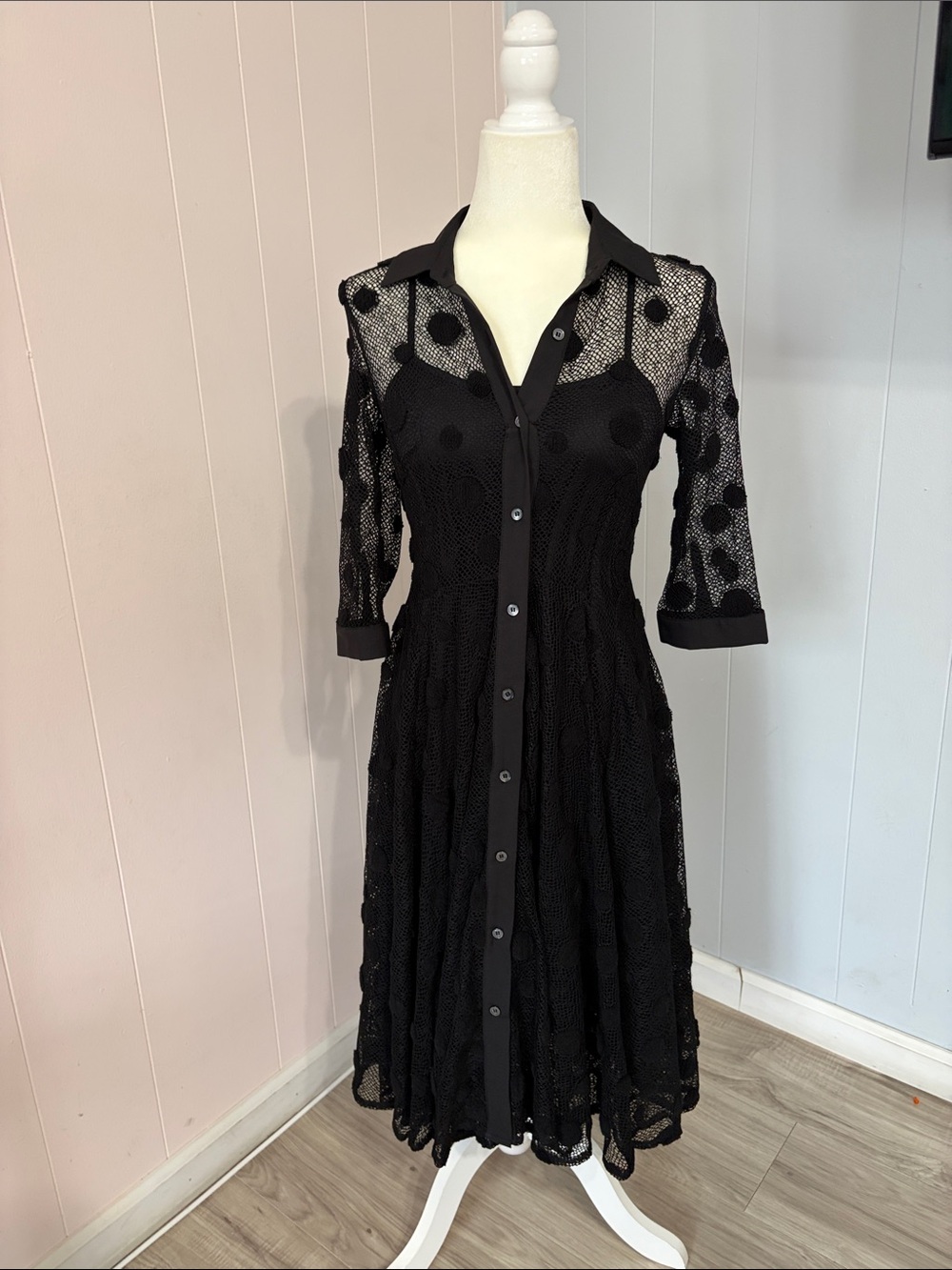 Gracia Black Lace Midi Shirt Dress